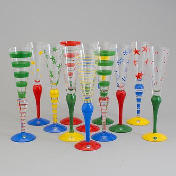 Twelve champagne glasses by Anne Nilsson for Orrefors, model "Clown".