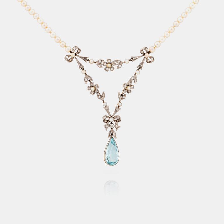 A circa 6.00 ct aquamarine, rose cut diamond and pearl necklace.