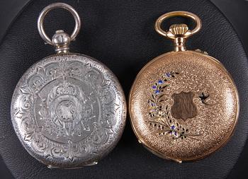 DAMFICKUR, 2 st, guld 14K resp silver. Omkring 1900.