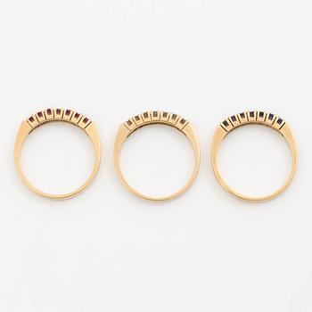 Three rings, 18K gold with sapphires, brilliant-cut diamonds and rubies.