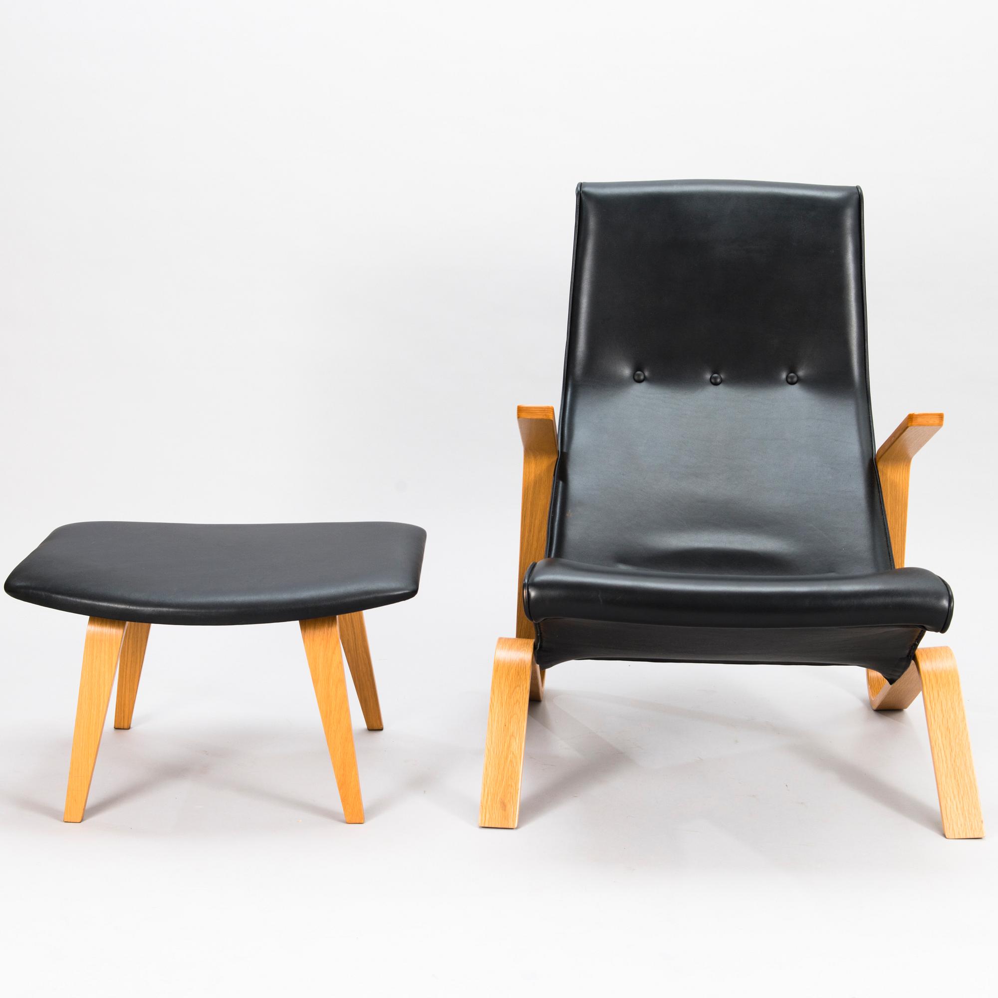 EERO SAARINEN, fåtölj samt fotpall, "Grasshopper", licenstillverkad av Tetrimäki Finland.