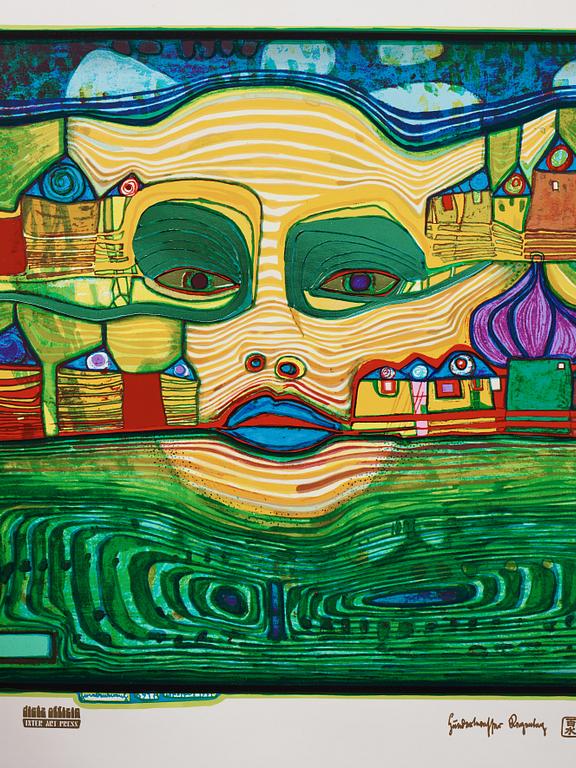 Friedensreich Hundertwasser, the complete portfolio comprising 10 silkscreens in colours with metallic imprints.