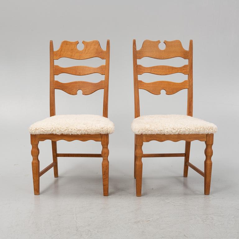 Henning Kjærnulf, a set of six oak 'Razorblade' chairs with new sheepskin upholstery, EGK, Denmark 1960s.