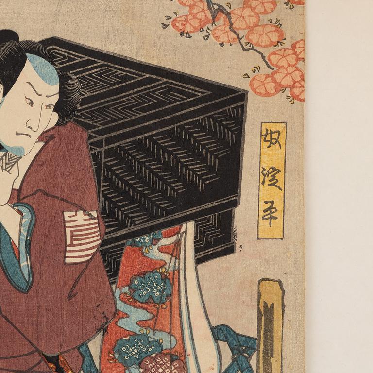 Utagawa Kunisada, three woodblock prints and Utagawa Kuniyoshi, woodblock print.