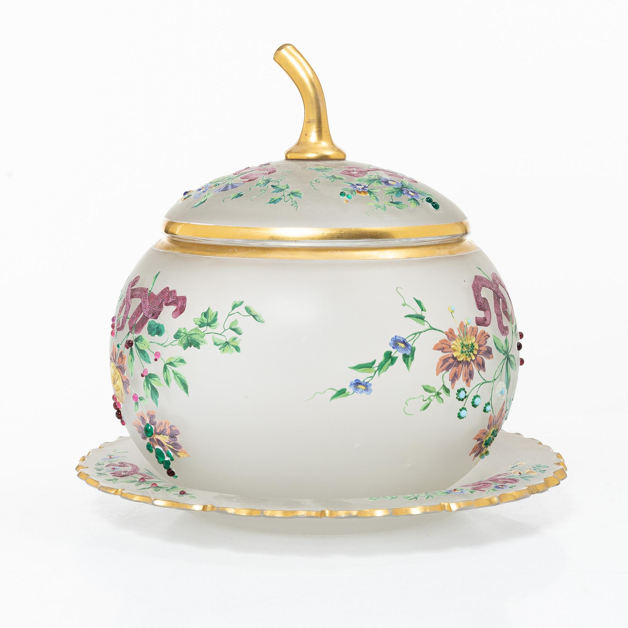 Punch bowl with lid and tray, frosted glass, Germany, circa 1900.