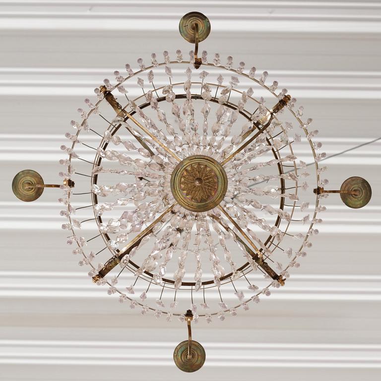 A late Gustavian five-light gilt brass chandelier, late 18th century.