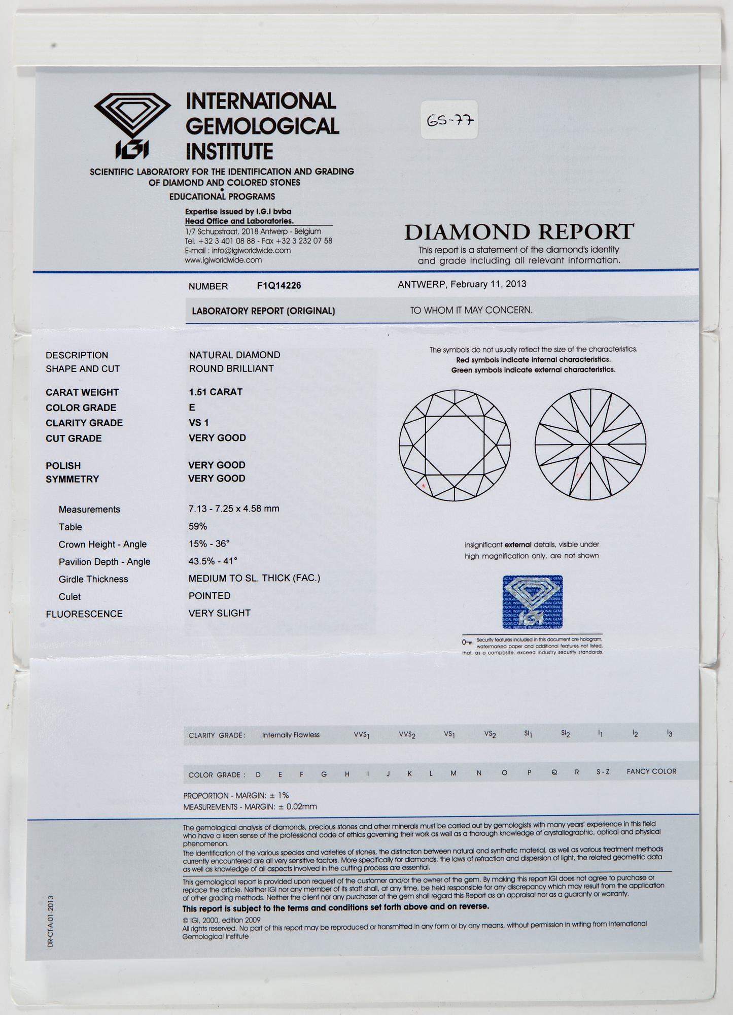 DIAMANT, oinfattad briljantslipad, 1.51 ct, E-F/VS enligt certifikat från IGI.