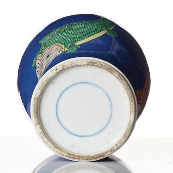A powder blue and enamelled 'fish' vase, late Qing dynasty.