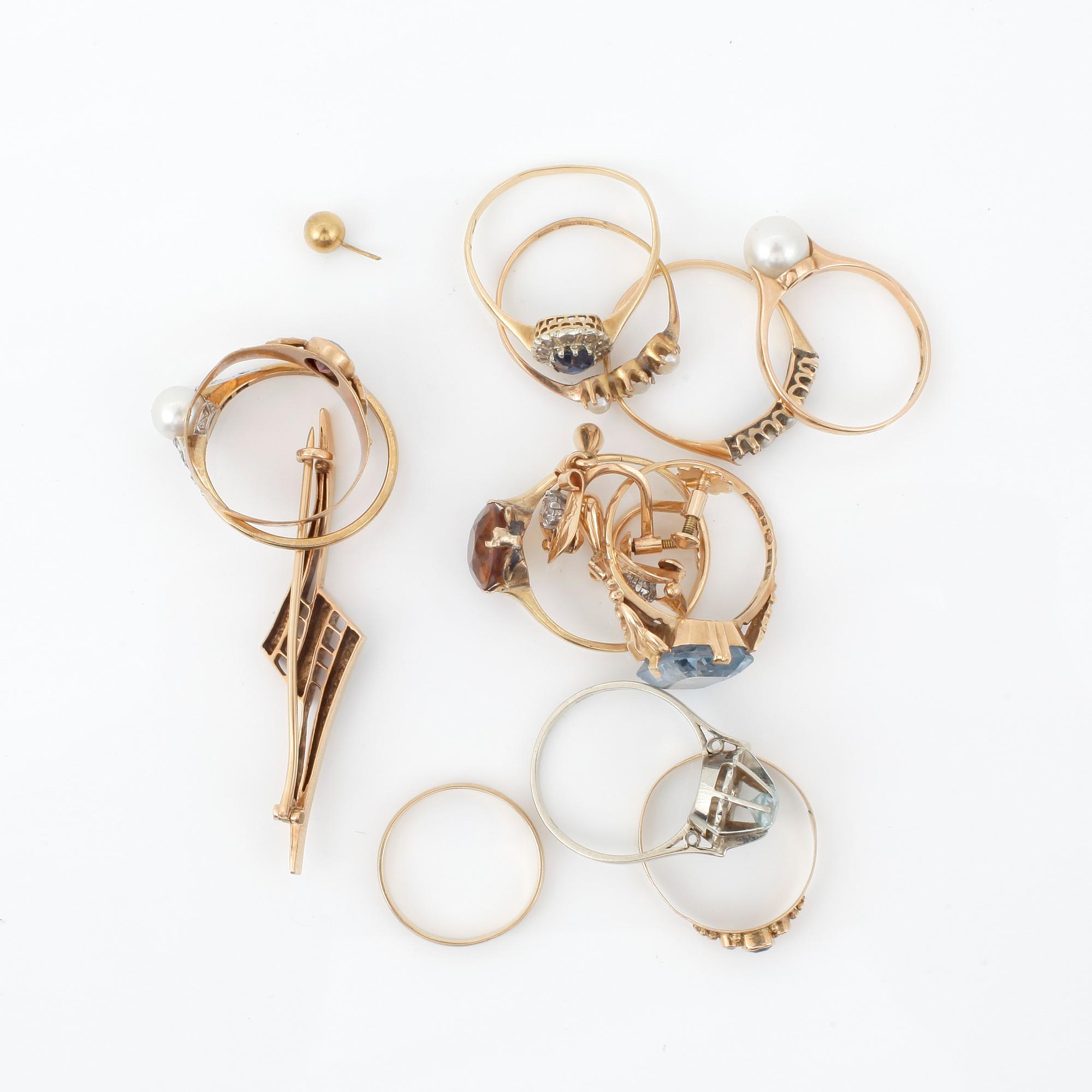 PARTI GULDSMYCKEN, 14 delar, 14-18k, Sverige och övriga Europa 1900-tal. Tot ca 27 gram.