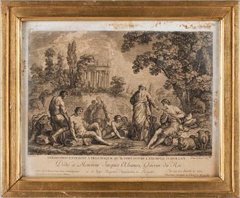 KOPPARSTICK, 5 st, efter bla Teniers, 1700-tal.