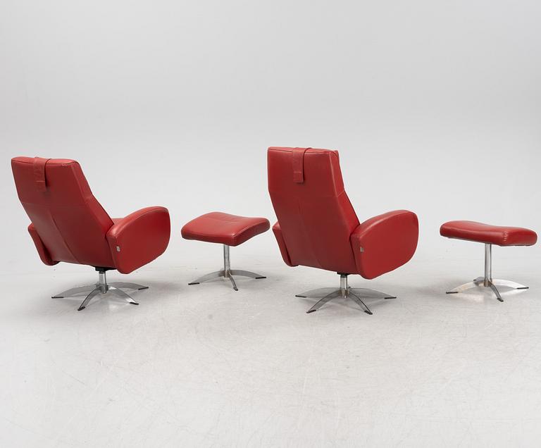 A pair of easy chairs with ottomans, model 'Harlem', Hjort Knudsen, Denmark, 21st Century.