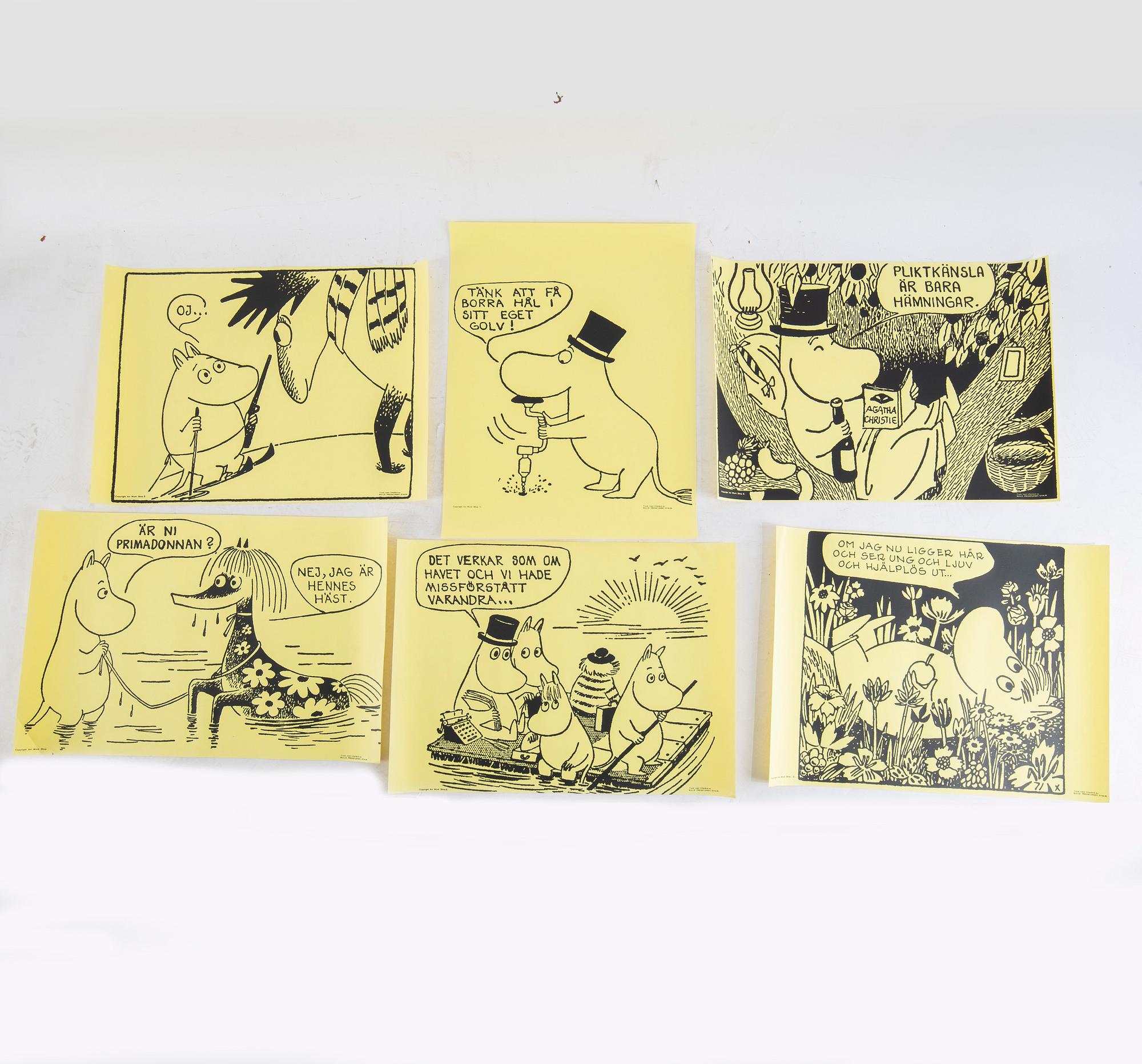 Tove Jansson, affischer, 6 st, Bull's Presstjänst, Art Work Shop, 1960-tal.