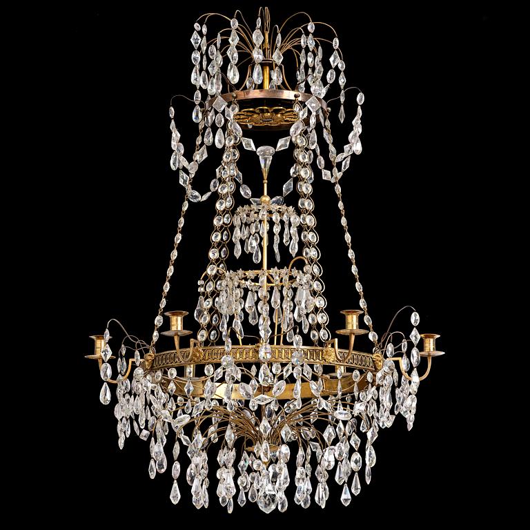 A Late gustavian green top glass six light chandelier.