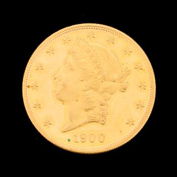 GULDMYNT, fine gold, 20 dollars, Liberty, USA. 1900. Vikt ca 33 gram.