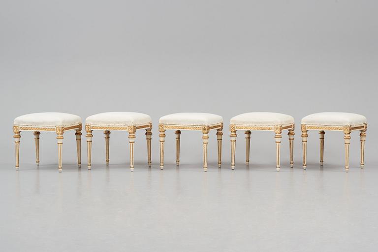 A suite of five Gustavian stools by J. Lindgren (master in Stockholm 1770-1800).