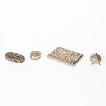Boxes, 7 pcs, and a cigarette case, silver, 20th century.