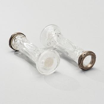 A PAIR OF MINIATURE VASES, Fabergé, silver and glas, ca 1900.