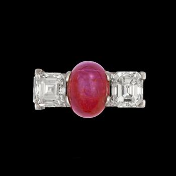 A cabochon-cut ruby and Assher-cut diamond ring, each circa 1.00 ct.