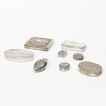 Boxes, 5 pcs, silver, including Germany and Sweden, as well as 3 unmarked boxes.