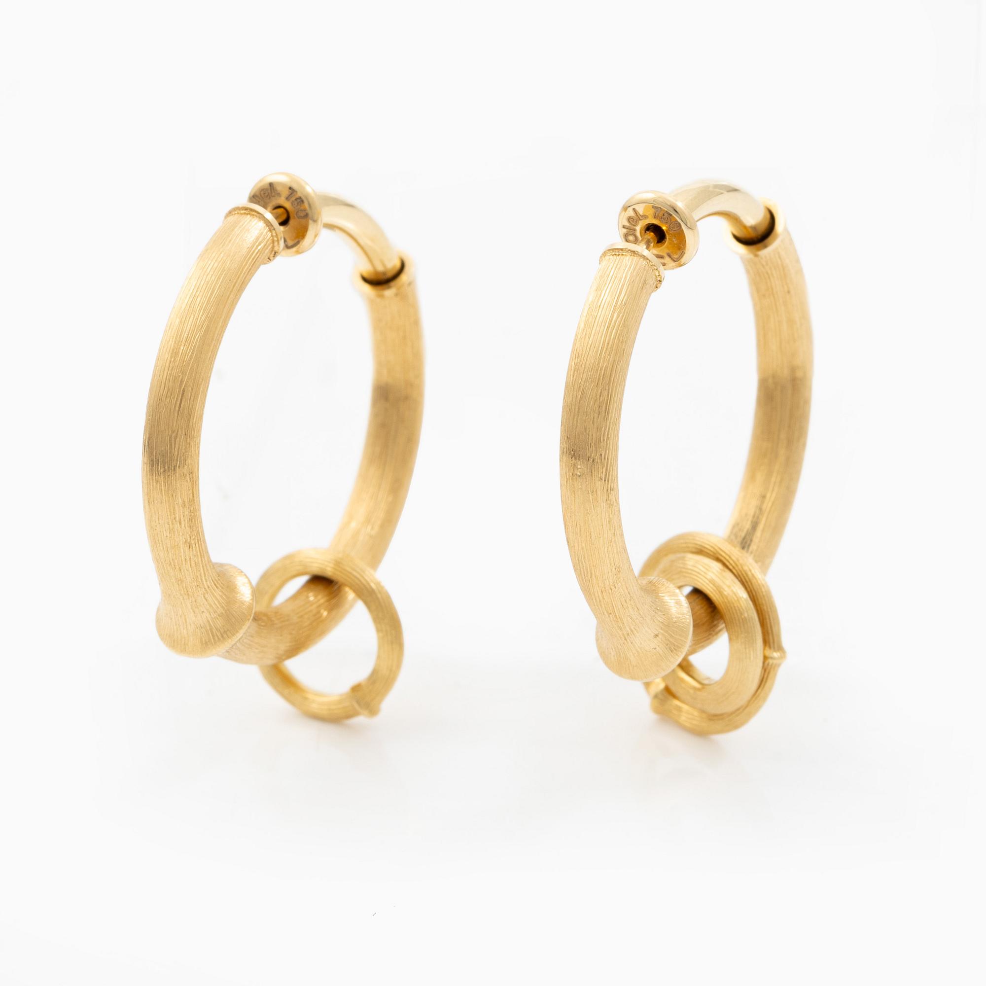 Ole Lynggaard, Earrings, a pair, "nature large hoop", 18K gold with three pendants, "nature hoop pendant" design by Charlotte Lynggaard.