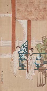 927. Tang Yin Efter, Elegant dam som gör sin morgontoalett uppassad av två tjänare.