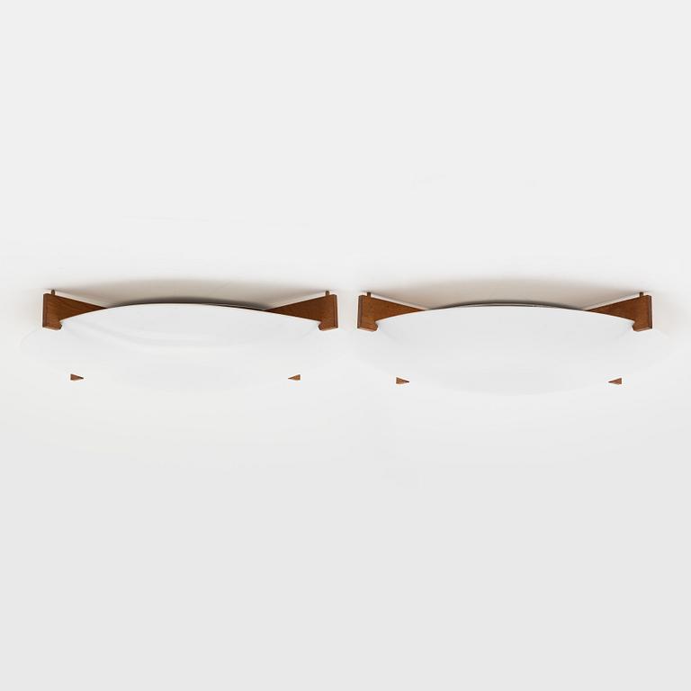 Uno & Östen Kristiansson, a pair of 'Plafo' oak and acrylic ceiling lights, Luxus, Vittsjö.