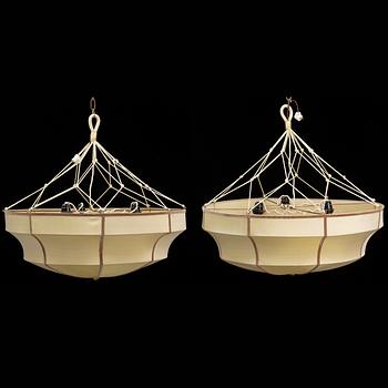 A pair of textile clad ceiling lights, 20th century.