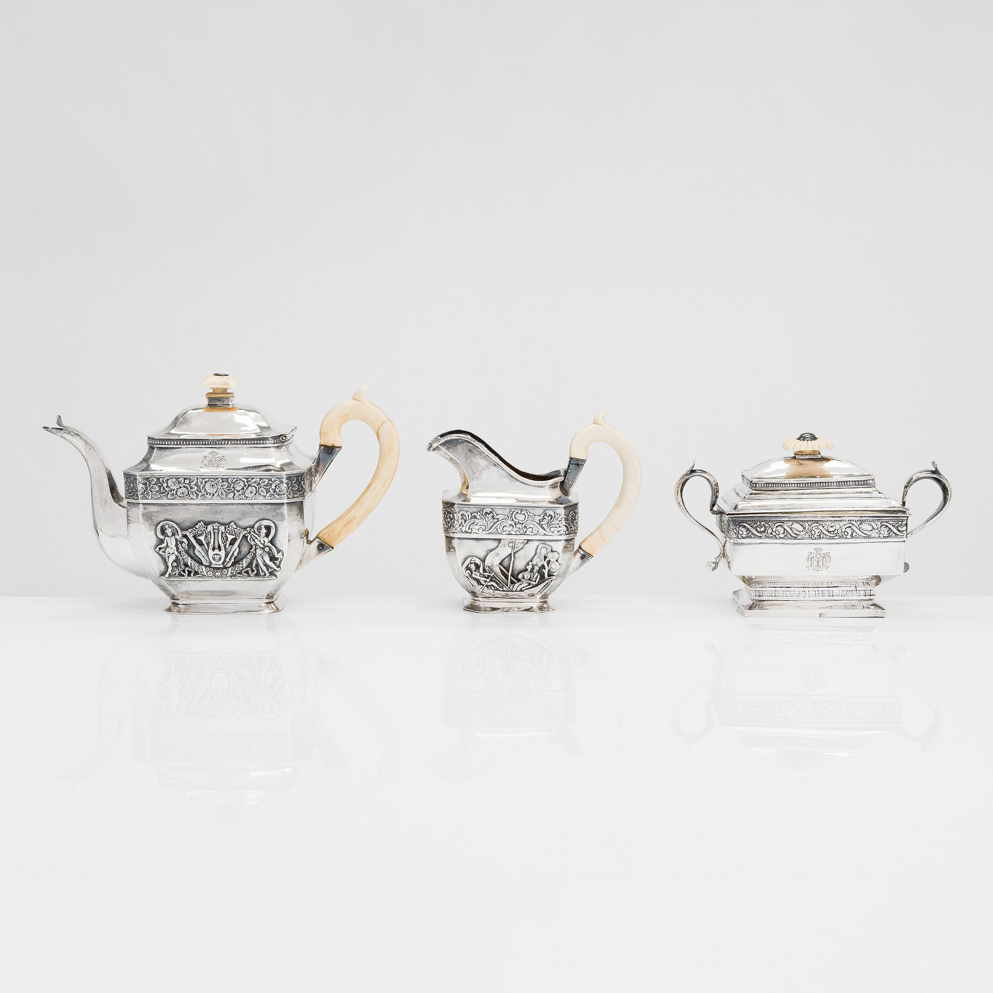 An 1830s three-piece silver tea set, Moscow, Russia.