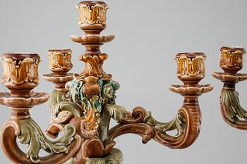 A pair of majolica candelabras from Rörstrand, late 19th century.