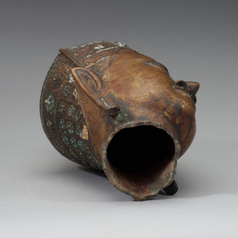 SKULPTURHUVUD, koppar legering. Thailand, Troligen 1700-tal, Ayutthuya.