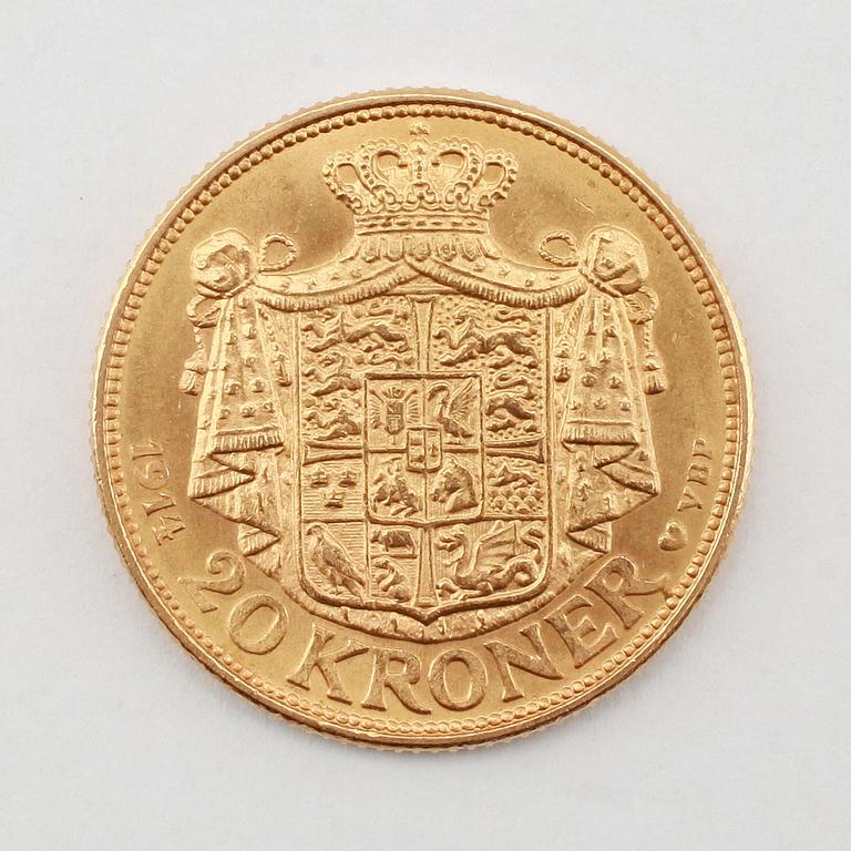 GULDMYNT, 20 kroner, Christian X, Danmark, 1914. Vikt ca 9 gram.