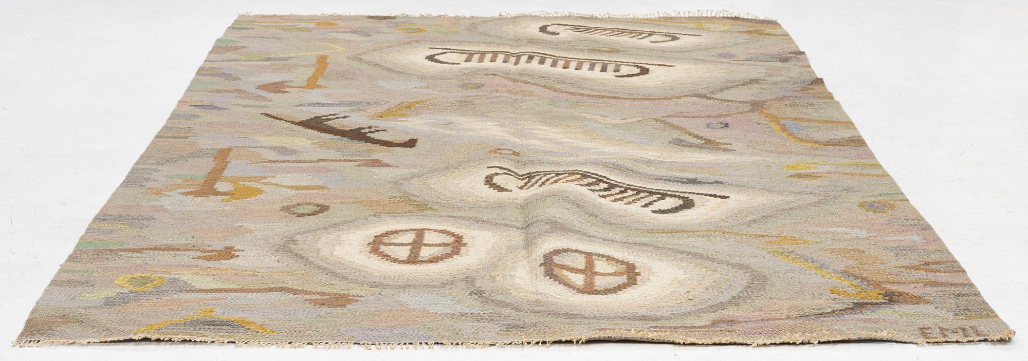 Edvin & Magnhild Lundsten, a carpet, 'Hällristningar' ('Petroglyph'), flat weave, c. 280 x 192 signed EML.