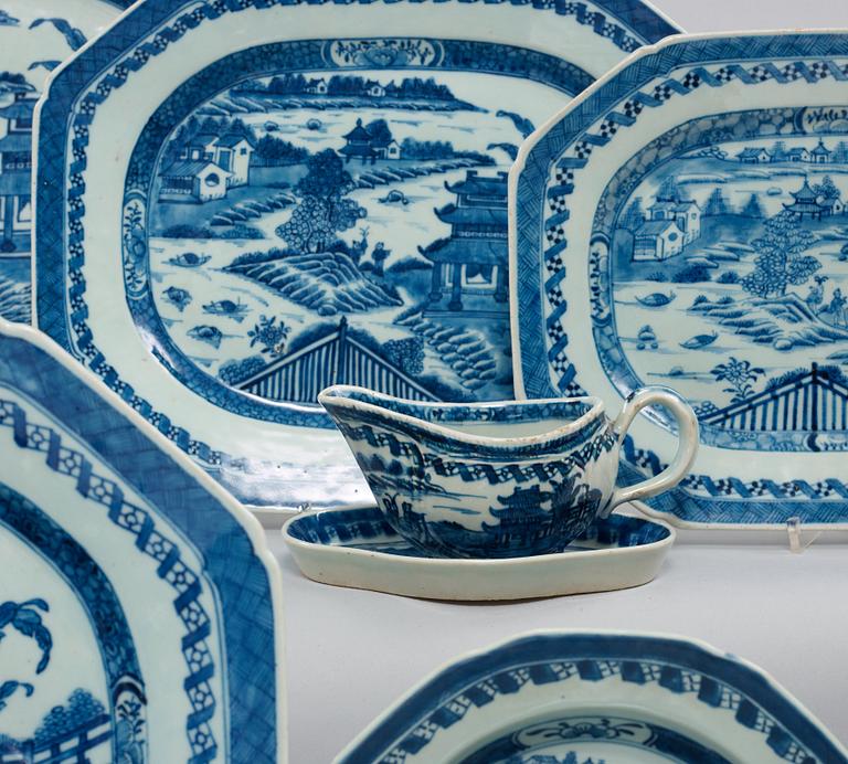 A blue and white export porcelain part dinner service, Qing dynasty, Jiaqing (1796-1820). (47 pieces).