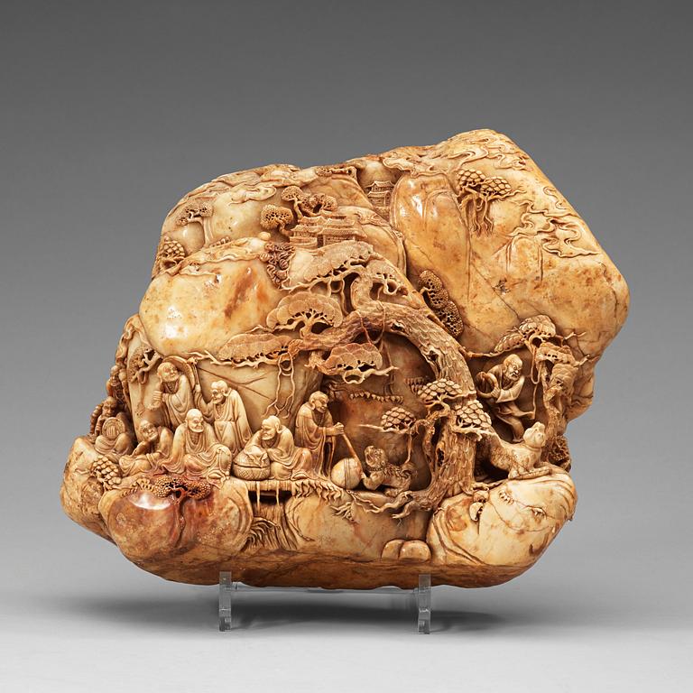 A finely carved Chinese soapstone scholars boulder with inscription.