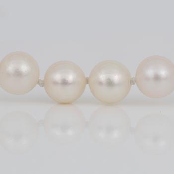 PÄRLCOLLIER,  med magnetiskt klotformat försilvrat lås och odlade vita pärlor.