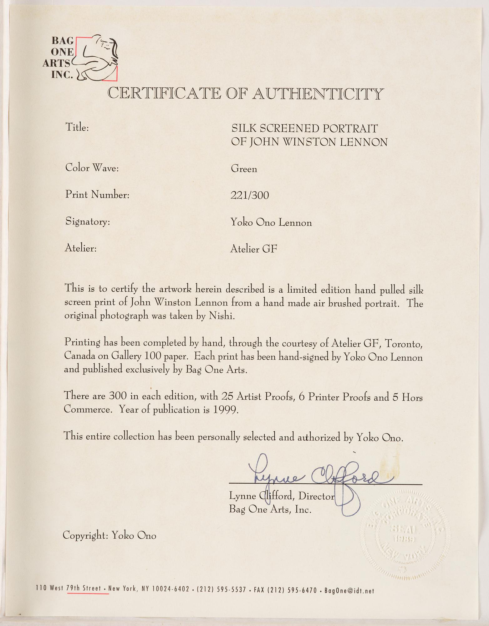 Yoko Ono, "Silk screened potrait of John Winston Lennon".