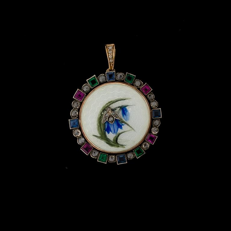 A PENDANT, 14K (56) gold, enamel, diamonds, sapphires, emeralds, rubies. Nikolay Linden, St Petersburg 1896-1905.