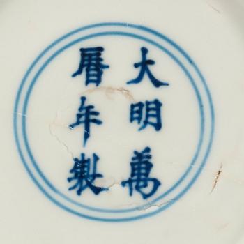 A wucai dish, Ming dynasty, with Wanlis six character mark and period (1573-1620).