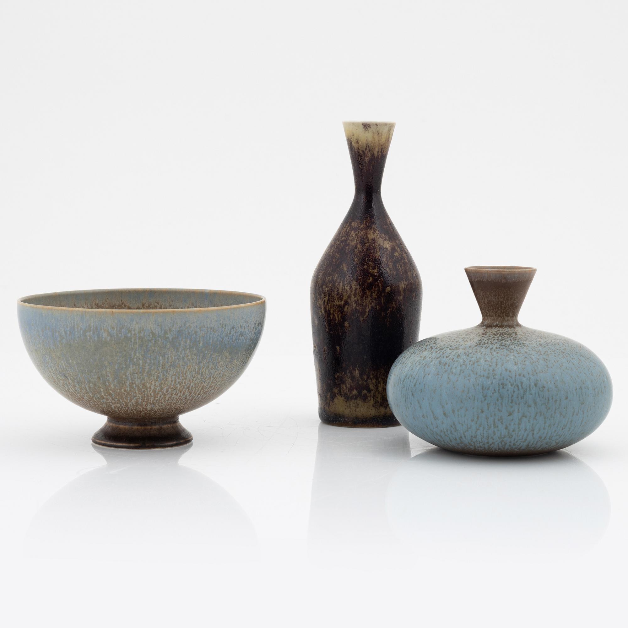 Sven Wejsfelt, vaser, 2 st samt skål, stengods, Gustavsbergs studio, 1985-1987.