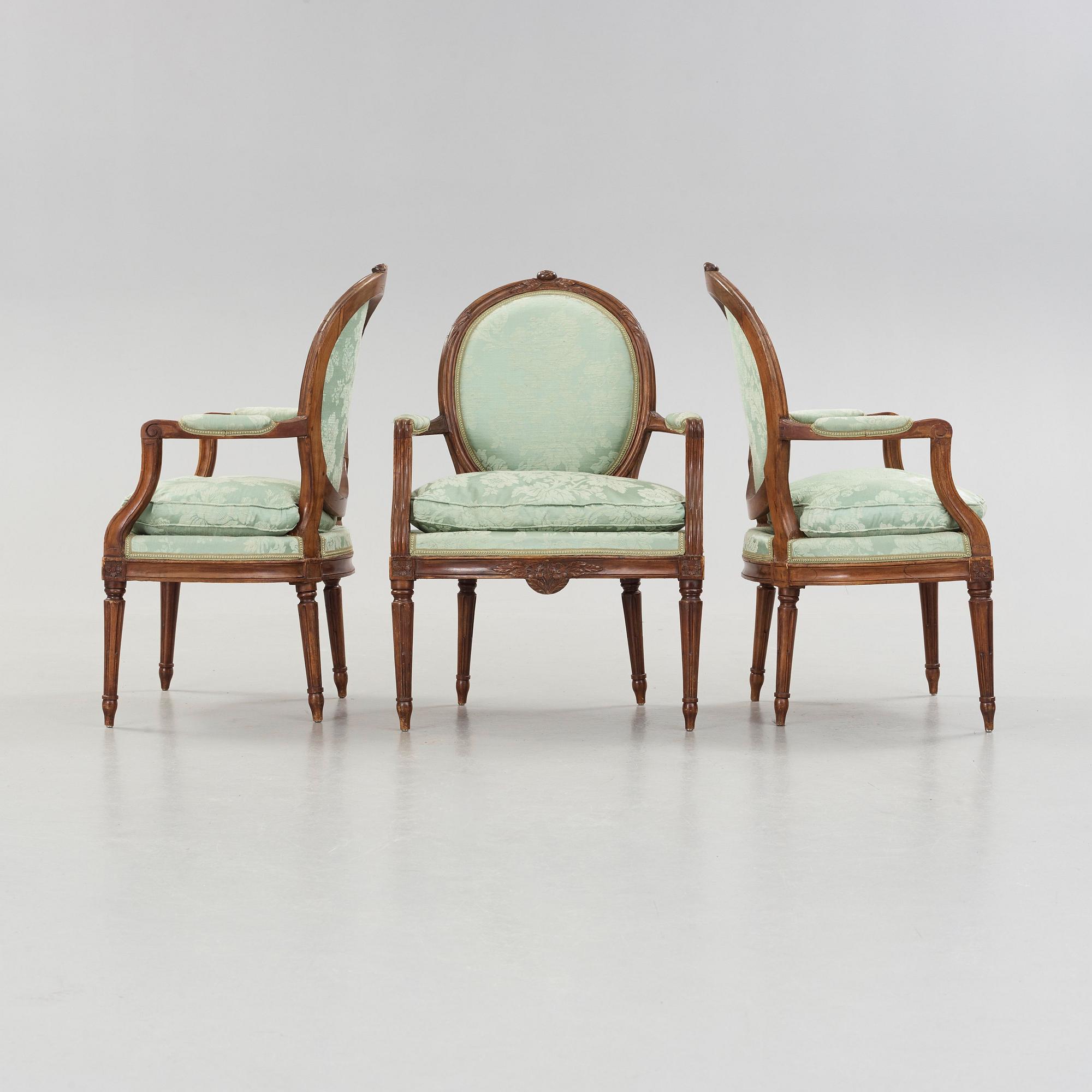 Three Gustavian late 18th century armchairs by Johan Hammarström, master 1794.