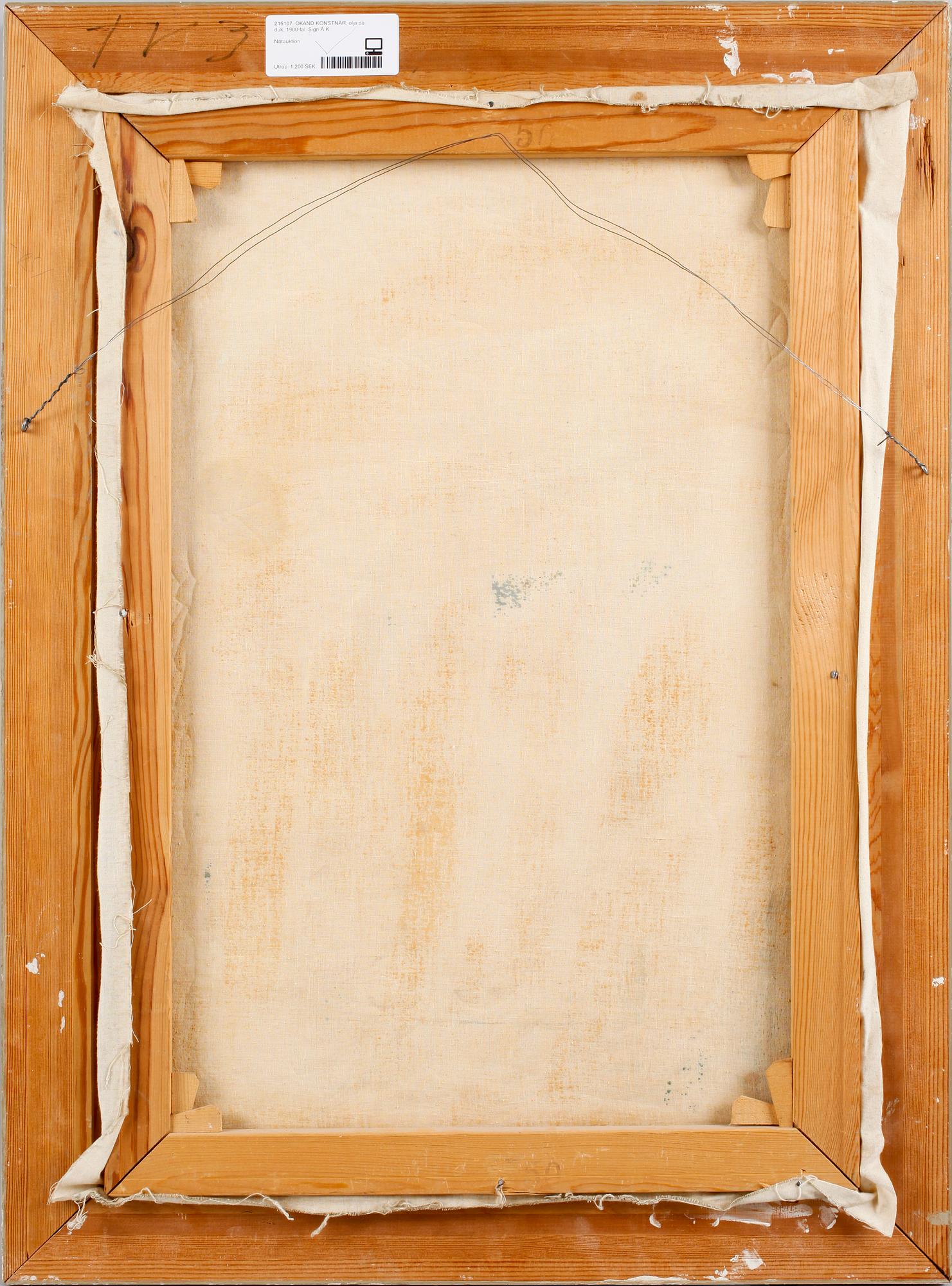 OKÄND KONSTNÄR, olja på  duk, sign Å.K. 1900-tal. Kopia efter Johan Krouthén.