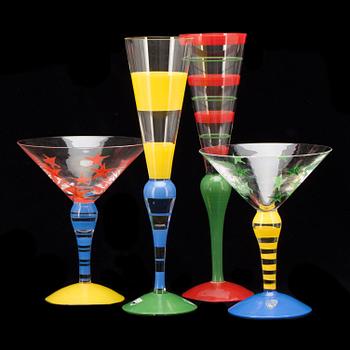 CHAMPAGNEGLAS och COCKTAILGLAS, 2+2 st, "Clown", Anne Nilsson, Orrefors.