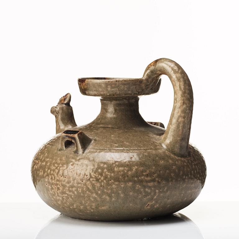 A olive green glazed wine jar, probably Jin/Six dynasties (265-420).