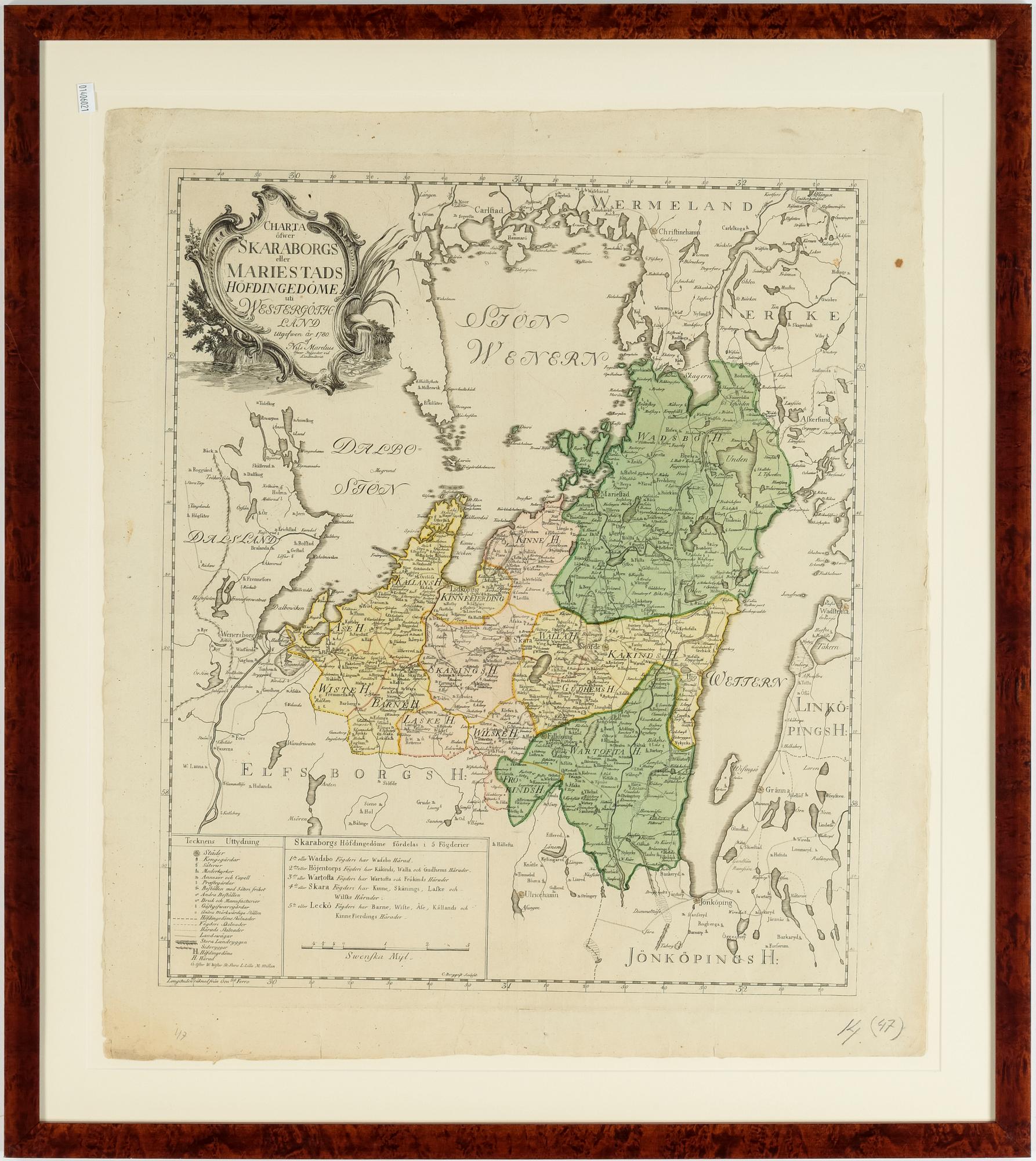 KARTA, kopparstick, "Charta öfwer Skaraborgs och Mariestads Höfdingedöme...", 1700-tal.