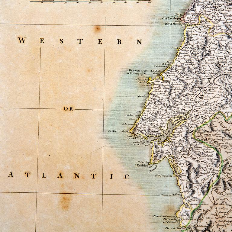 John Cary, map of Portugal, hand colored copper engraving, London 1801.
