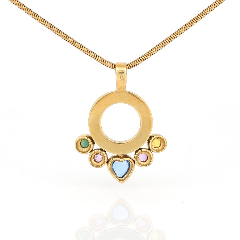 HÄNGE samt KEDJA, 18K guld med cabochonslipade topas, turmalin samt citrin. Total vikt ca 15,44 g.