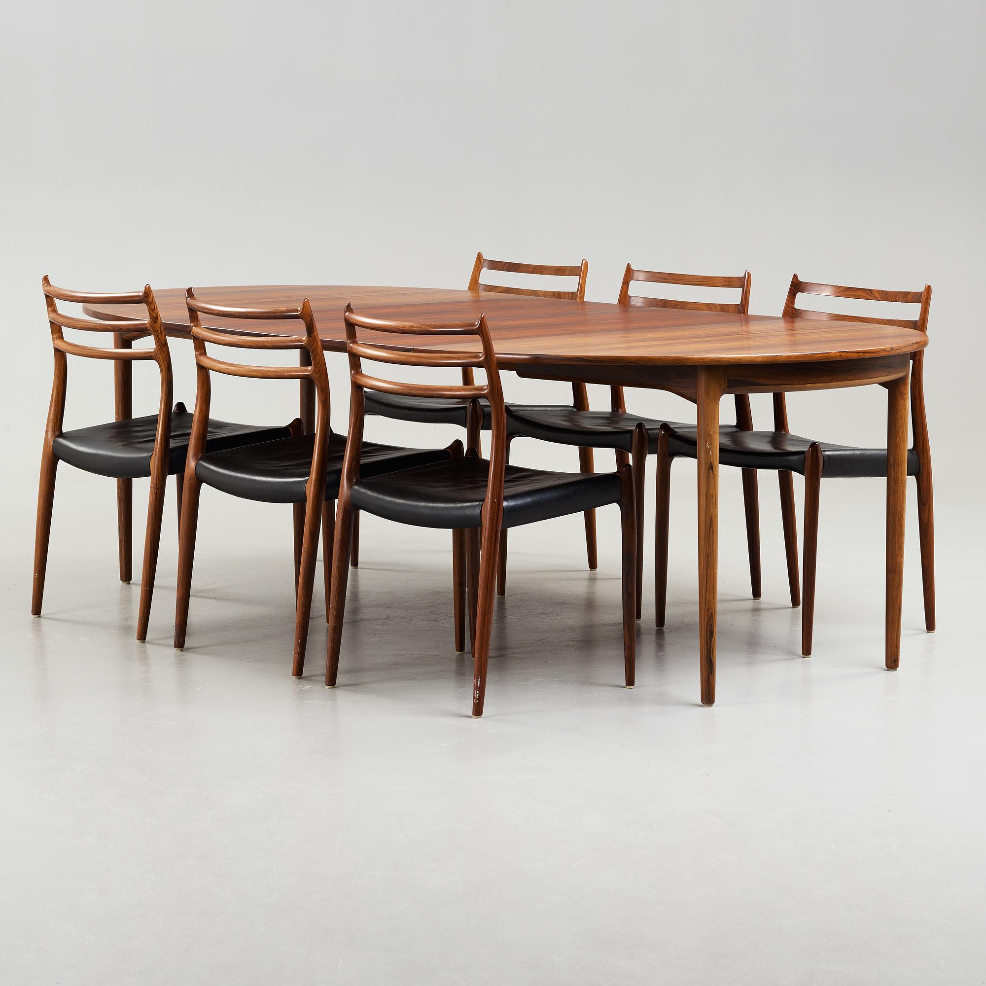 NIELS OLE MØLLER, matbord med sex stolar, modell 78, JL Møller, Danmark 1960-tal.