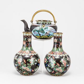 Vases, a pair, and jug, cloisonne. China, 1900s.