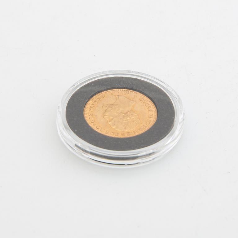 Guldmynt Sverige, Oscar II 10 kr, 1883, stort LA utan punkter.