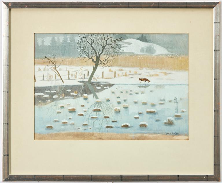 Harald Wiberg, Winter landscape with fox by frozen lake.